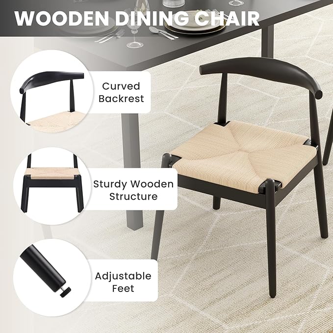 Farini Mid Century Modern Dining Chairs Set of 2, Solid Wood Frame Kitchen Chairs with Woven Upholstered Seat for Dining Room & Breakfast Nook,Black-Beige