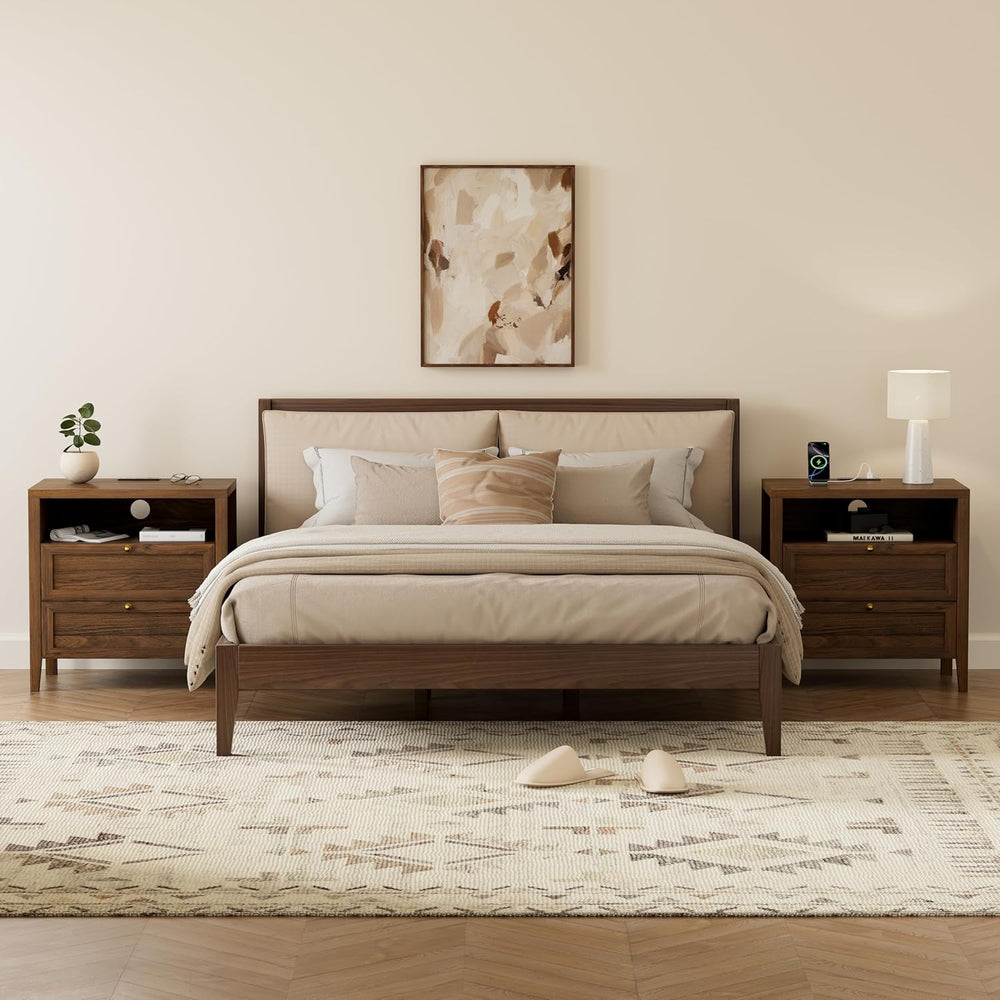 Farmhouse End Table with 2 Drawers Set of 2, Wooden Nightstand with Open Stor...