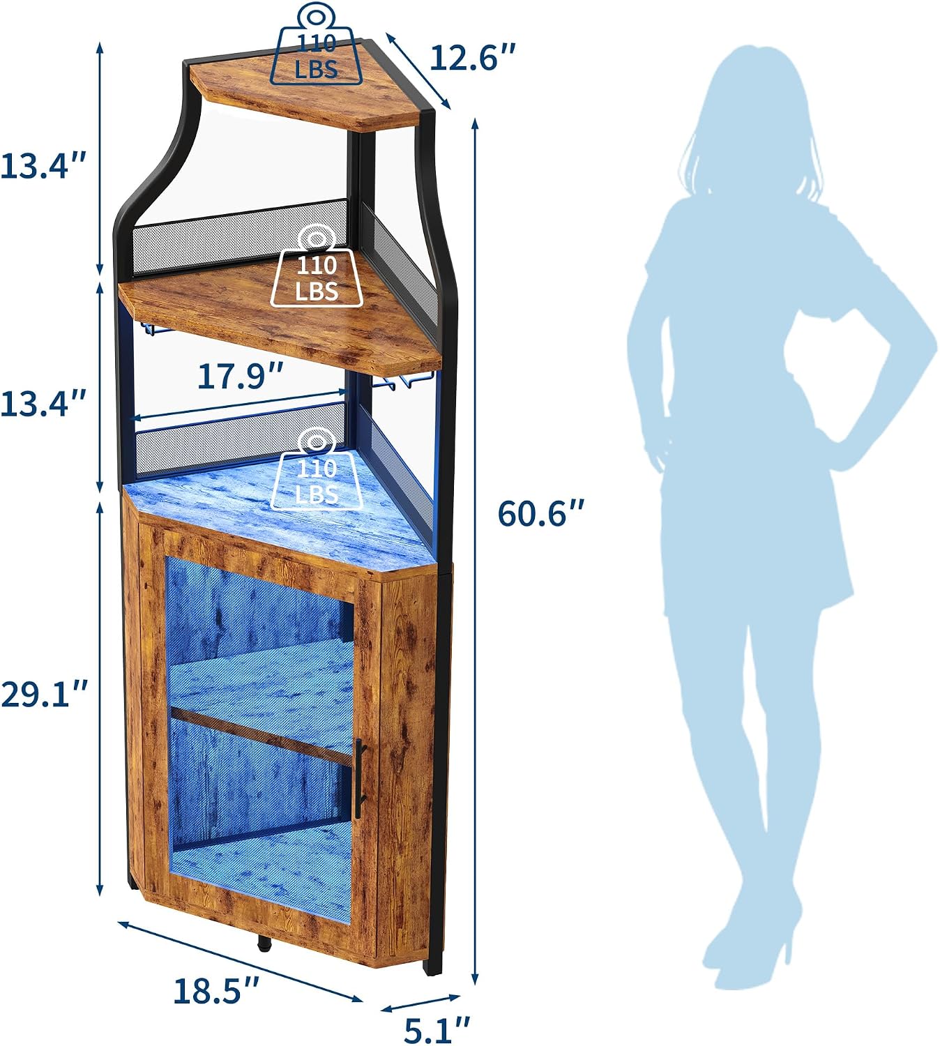 GarveeHome Corner Bar Wine Cabinet with LED Lights, 5-Tier Industrial Wine Cabinet with Glass Holder, Modern Liquor Cabinet with Adjustable Shelf, Home Bar Cabinet with Mesh Door, Rustic Brown