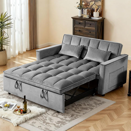 3 in 1 Convertible Sofa Bed, Love Seat Sleeper Bed with Side Pockets, Velvet Fabric Pull Out Couch with Adjustable Backrest for Living Room, Bedroom, Gray Apartment, Gray