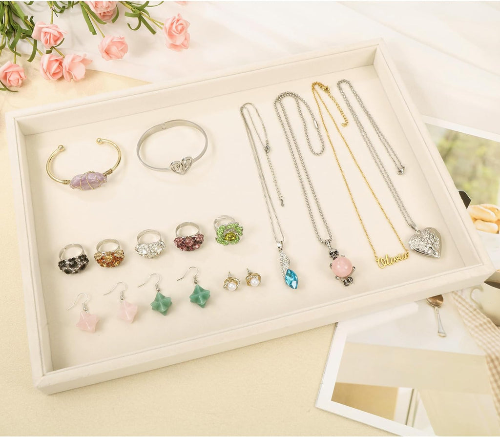Mornajina 13.8" x 9.5" Velvet Jewelry Tray Jewelry Display Tray, Stackable Empty Plate Trays for Earrings Necklaces Bracelet Rings Display Showcase - Light Khaki