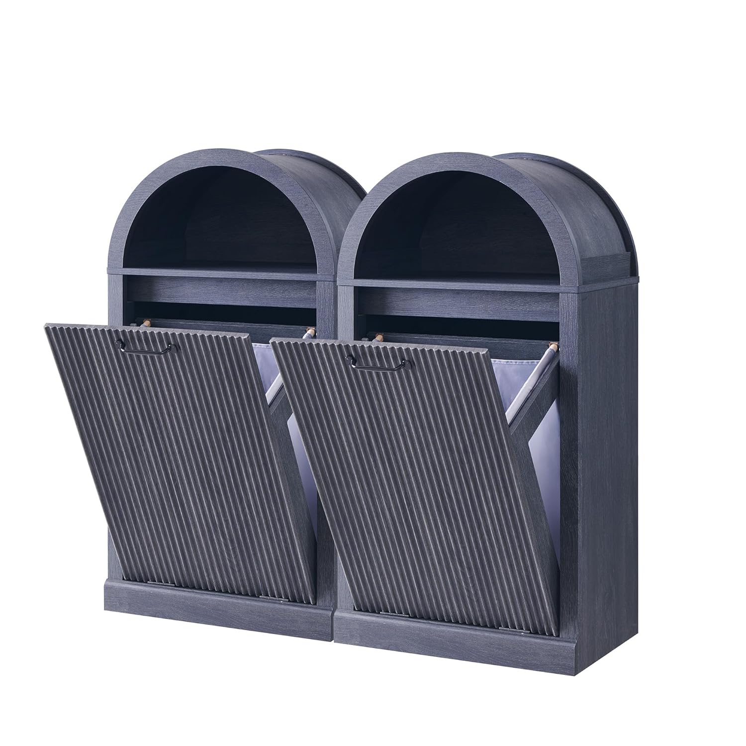 Arched Tilt-Out Trash Can Cabinet, Fluted 10 Gallon Trash Can Cabinet Set of 2, Modern Laundry Hamper Cabinet, Hidden Garbage Can with Storage Basket for Kitchen, Living Room, Dark Grey