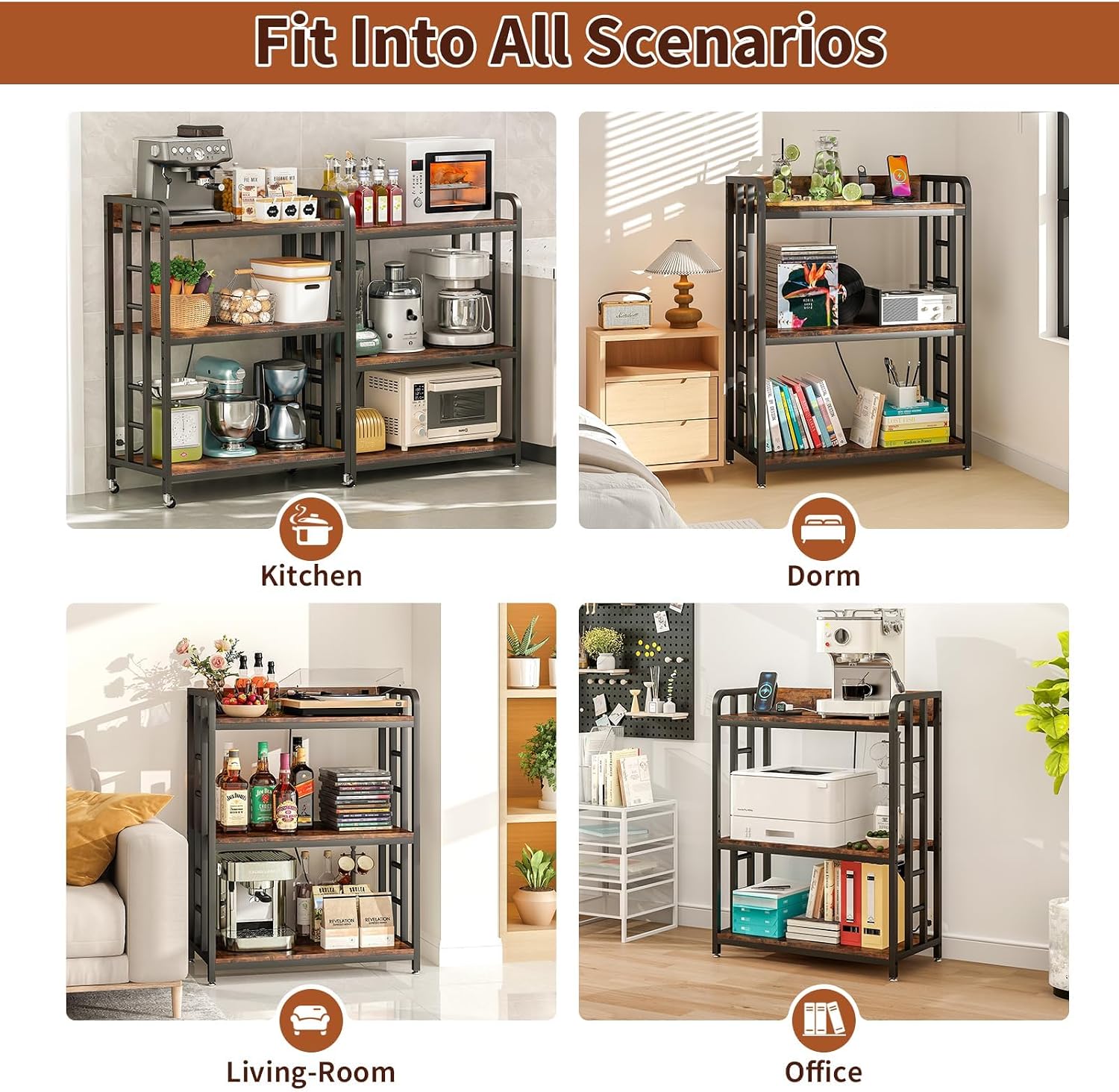METYERRY Bakers Rack with Power Outlet,Adjustable Microwave Stand with Storage,3-Tier Kitchen Shelves,Microwave cart Suitable for Kitchen,Dinning Room,Coffee Bar,Living Room,Rustic Brown