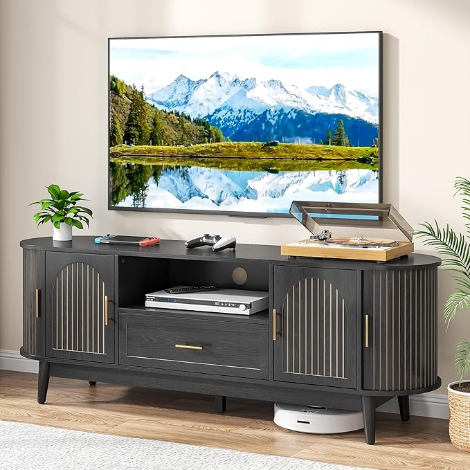 63" Fluted TV Stand for Tvs up to 70", Mid-Century Modern Entertainment Center with Drawers and Fluted Doors, Curved TV Media Console Table with Sliding Doors for Living Room, Bedroom (63" Black)