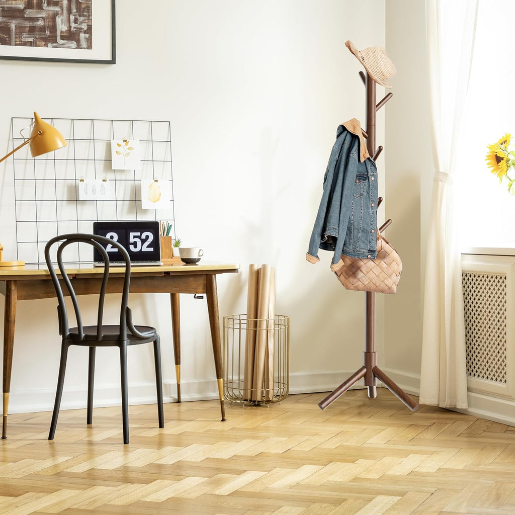 Simple Houseware Wooden Coat Rack Stand Garment Adjustable Tree Rack, 9 Hooks, Walnut