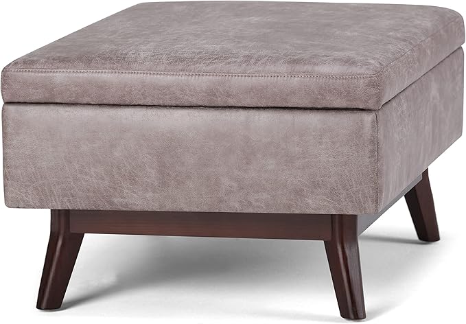 SIMPLIHOME Owen 34 inch Wide Mid Century Modern Rectangle Coffee Table Storage Ottoman in Distressed Grey Taupe Vegan Faux Leather, Assembled, for the Living Room, Entryway and Family Room