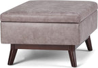 SIMPLIHOME Owen 34 inch Wide Mid Century Modern Rectangle Coffee Table Storage Ottoman in Distressed Grey Taupe Vegan Faux Leather, Assembled, for the Living Room, Entryway and Family Room