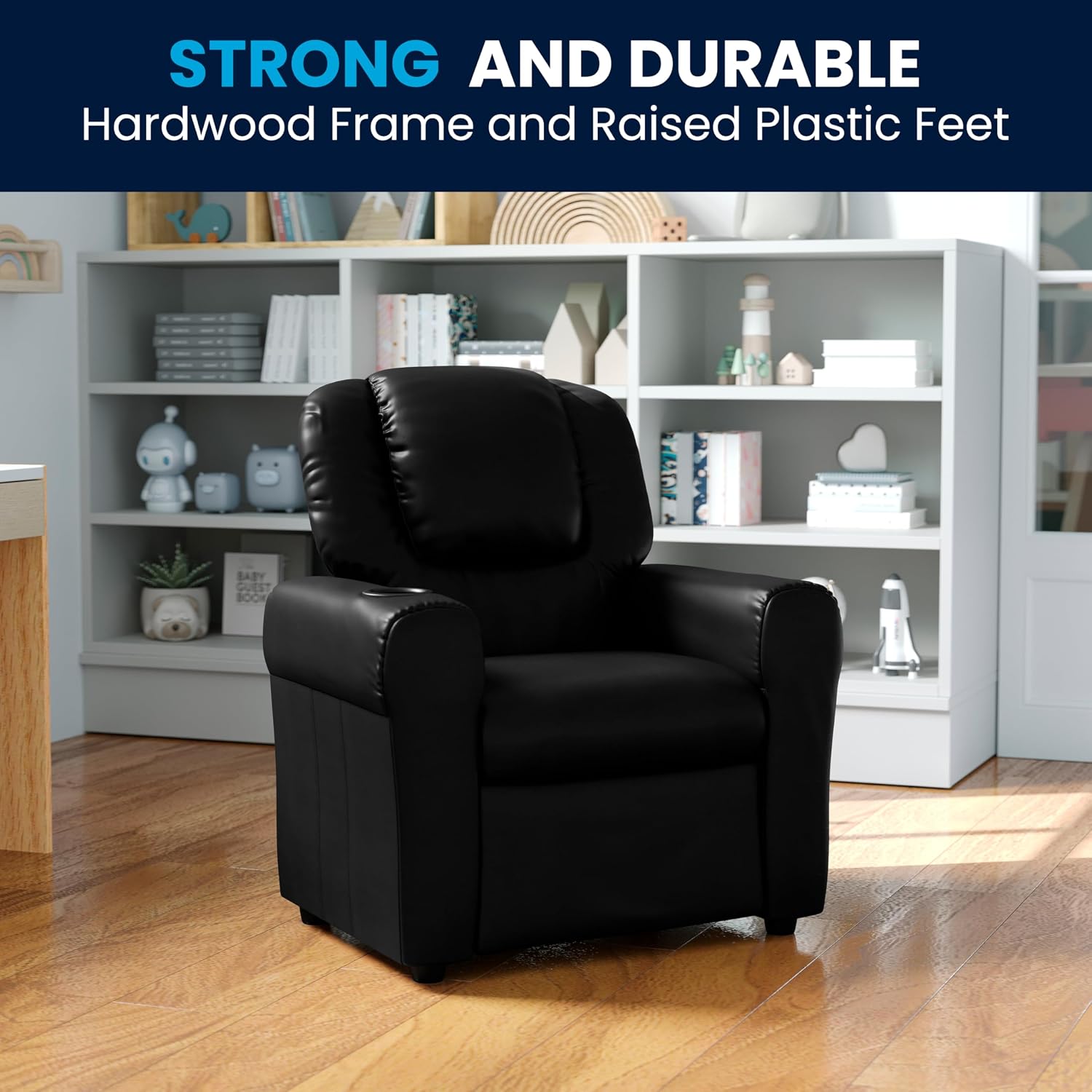Flash Furniture Vana LeatherSoft Kids Recliner with Cup Holder, Headrest, and Safety Recline, Contemporary Reclining Chair for Kids, Supports up to 90 lbs., Black