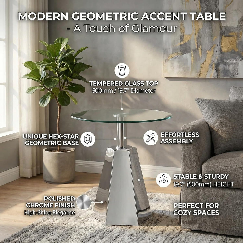 FT Global Round Glass Side Table, 19.7" Clear Tempered Glass Top with Ch...