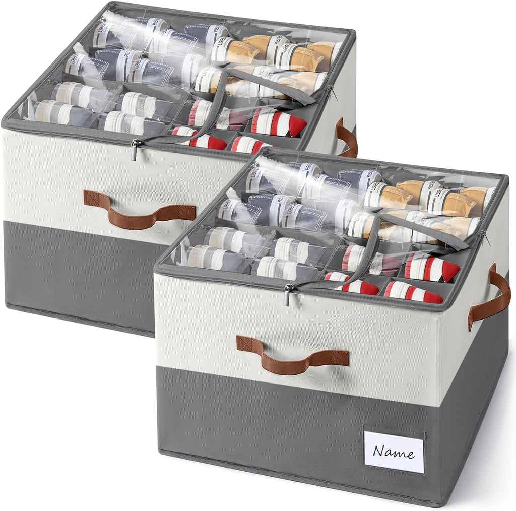 Shoe Organizer for Closet, Fits Up to 32 Pairs, Large Shoe Box Storage Container with Clear Cover, with Adjustable Dividers for Shoe Storage Bins,Space-Saving Shoe Bins,(2-Pack Beige and grey)