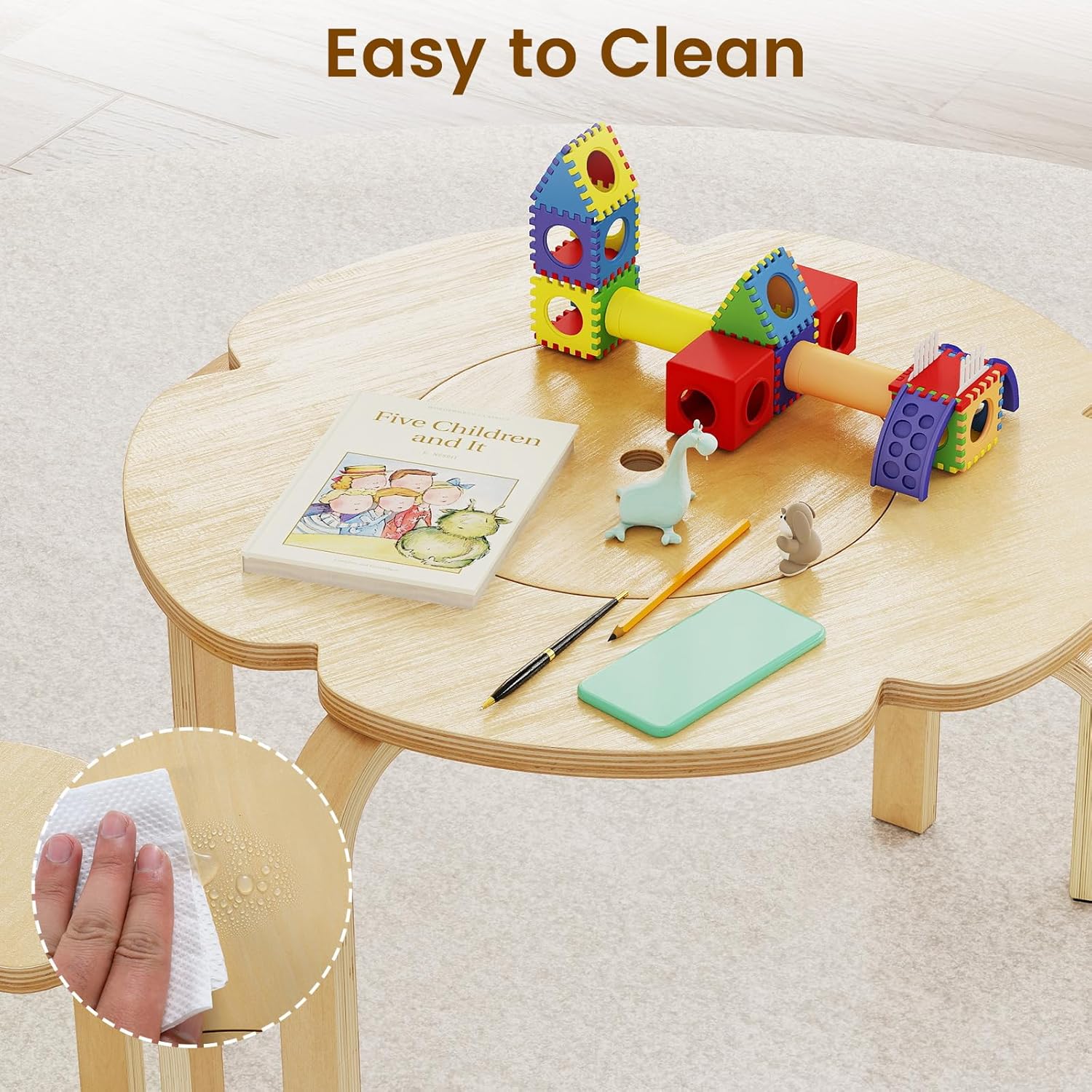 Olakids Kids Table and Chair Set, Wooden Toddler Activity Desk with Center Storage Basket, Ideal 3-Piece Children Furniture for Art Crafts Playing Eating Drawing Reading