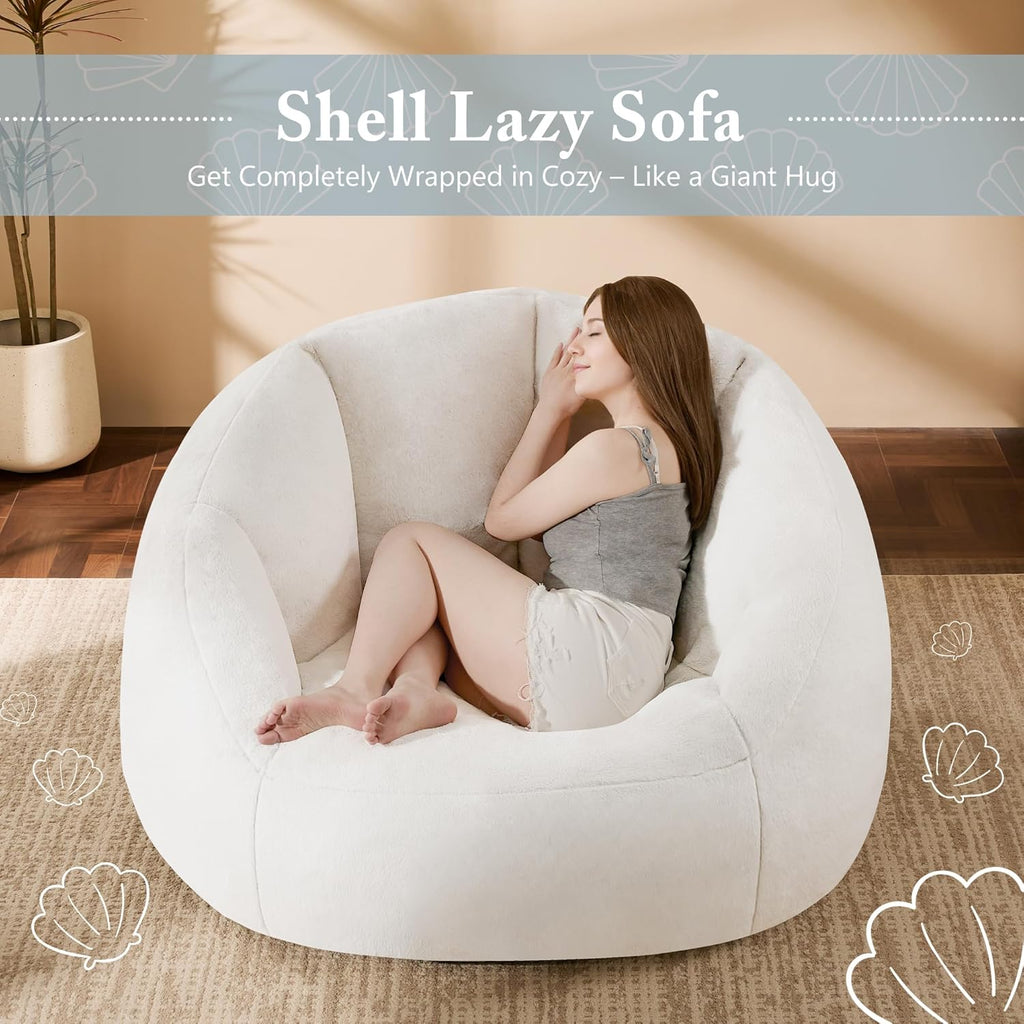 Gericco Swivel Giant Bean Bag Chair for Adults with Ottoman - Comfy Plush Round Shell Soft Accent Chaise Lounge Indoor Chair, Oversized Cozy Floor Sofa for Living Room, Bedroom & Game Rooms, Beige