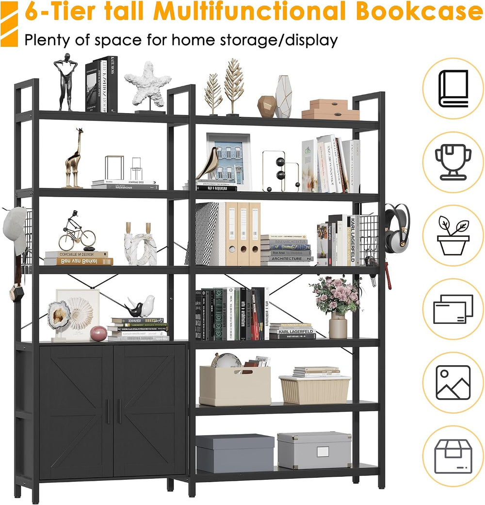 6-tire Farmhouse Black Corner Book Shelf with 2 Barn Doors and 10 Storage She...
