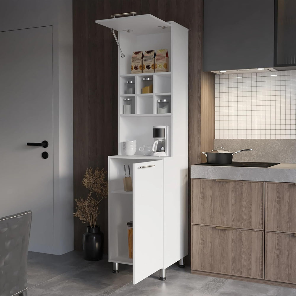 White Kitchen Pantry with Pneumatic Door and Open Storage