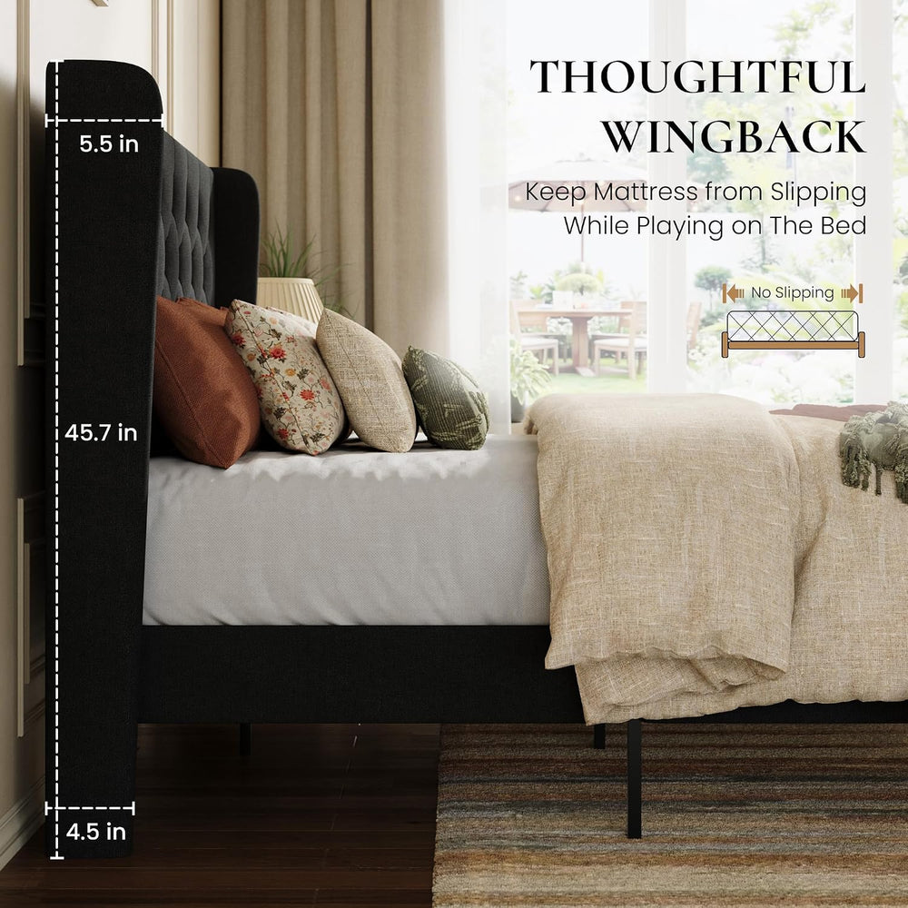 SHA CERLIN Queen Upholstered Bed Frame, Button Tufted Design, Black