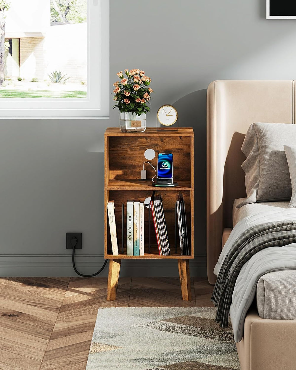 WLIVE Record Player Stand, Modern Nightstand with Storage, Small Space Bedsid...