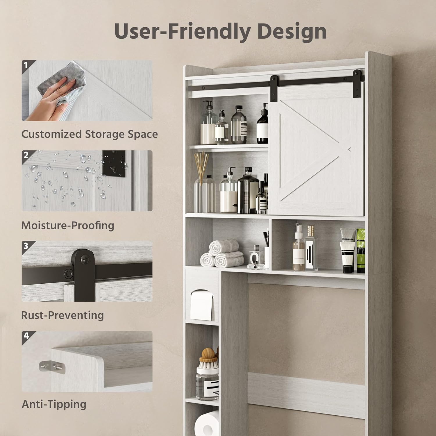 LAUSAINT HOME Over The Toilet Storage Cabinet, Bathroom Storage Cabinet Over Toilet with Anti-Tip Device, Space-Saving Toilet Shelf, for Laundry, Room, Bathroom