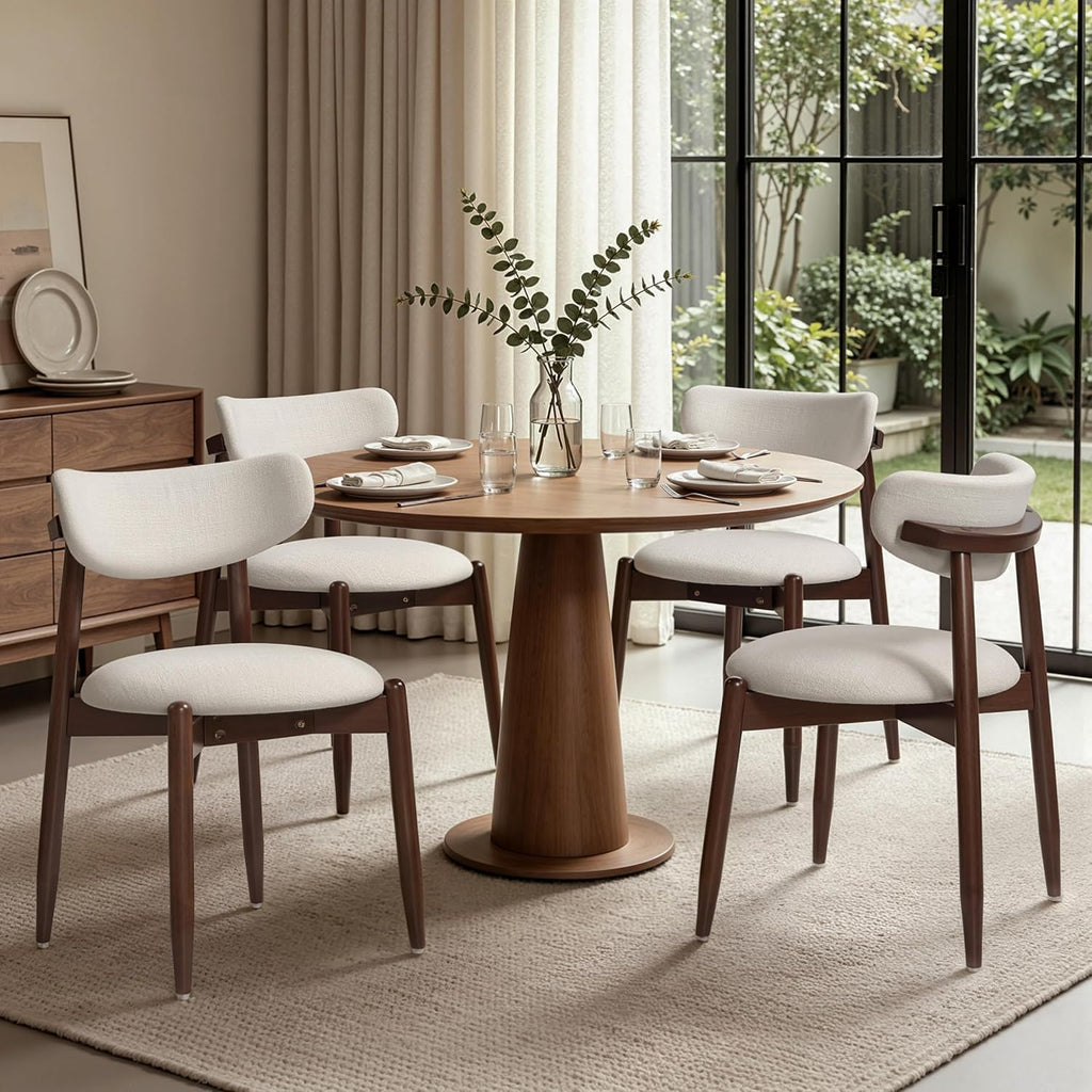 Dining Chairs Set of 4, Wooden Upholstered Dining Room Chairs with Curved Backrest, Mid Century Modern Fabric Kitchen Chairs, Cream & Walnut Legs