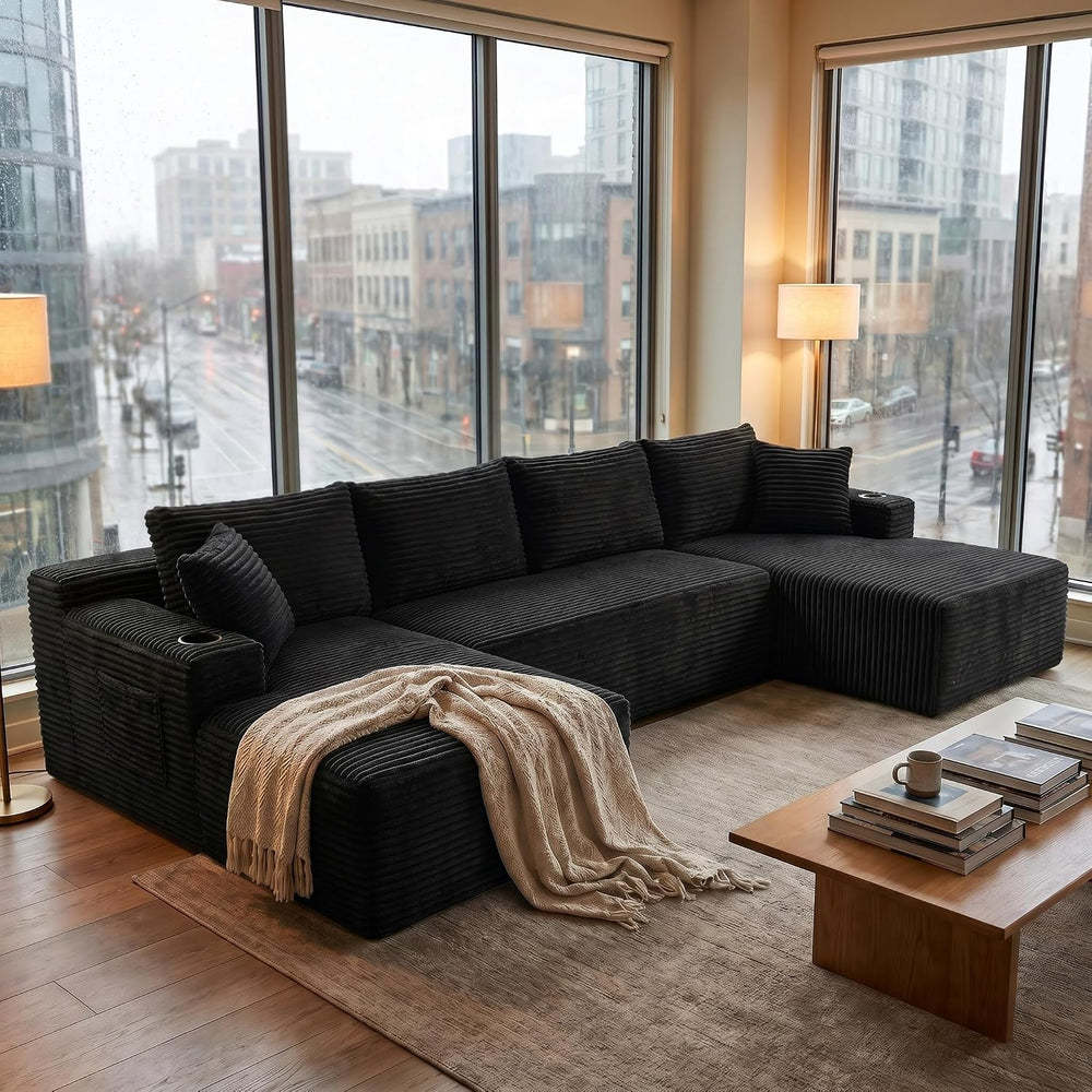 125" U-Shaped Modular Sectional Sofa, Corduroy Couch, Black