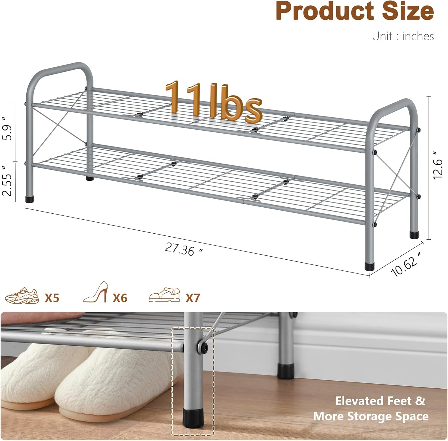 Hoctieon 2 Tier Shoe Rack for Closet, Durable Mesh Style Shoe Rack, Entryway Shoe Shelf, Shoe Storage Organizer for Hallway, Bedroom, Living Room, Wardrobe, Grey