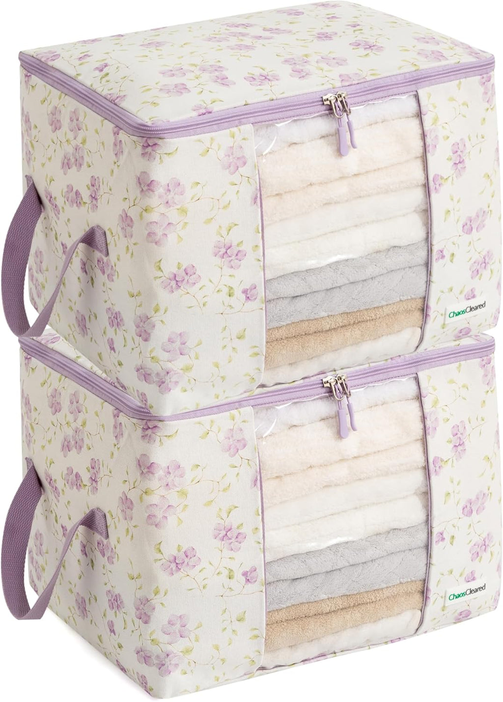 Designer Canvas Clothing Storage Bags 2 Pack Purple Floral Clothes Organizer bags for sweaters, clothing, garments, quilt, linens, large folding organizers with zip & window, moth proof space saver