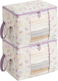 Designer Canvas Clothing Storage Bags 2 Pack Purple Floral Clothes Organizer bags for sweaters, clothing, garments, quilt, linens, large folding organizers with zip & window, moth proof space saver