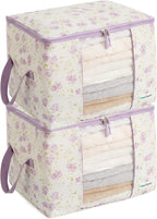 Designer Canvas Clothing Storage Bags 2 Pack Purple Floral Clothes Organizer bags for sweaters, clothing, garments, quilt, linens, large folding organizers with zip & window, moth proof space saver