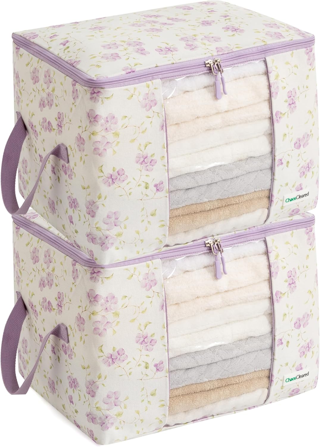 Designer Canvas Clothing Storage Bags 2 Pack Purple Floral Clothes Organizer bags for sweaters, clothing, garments, quilt, linens, large folding organizers with zip & window, moth proof space saver