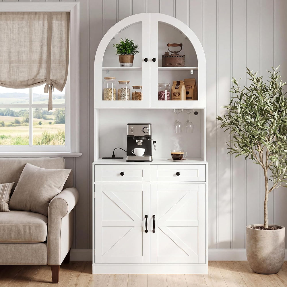 Polibi 75" Farmhouse Arched Pantry Cabinet with Charging Station, Adjust...