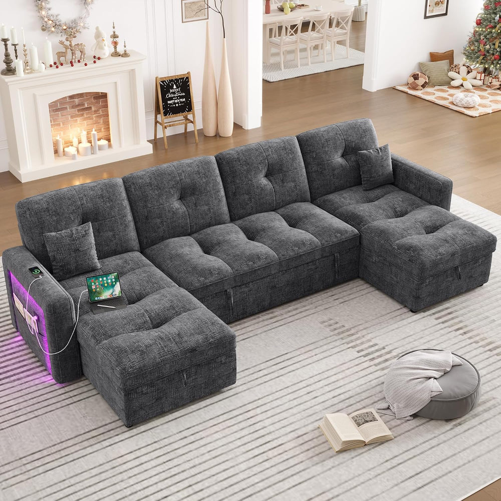 107'' LED U-Shaped Sectional Couch for Living Room, Sleeper Sofa Bed,...
