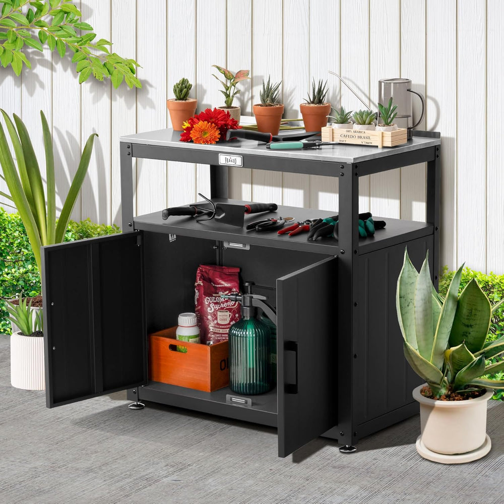 Garden Potting Bench with Storage Cabinet, Outdoor Gardening Table & Work...