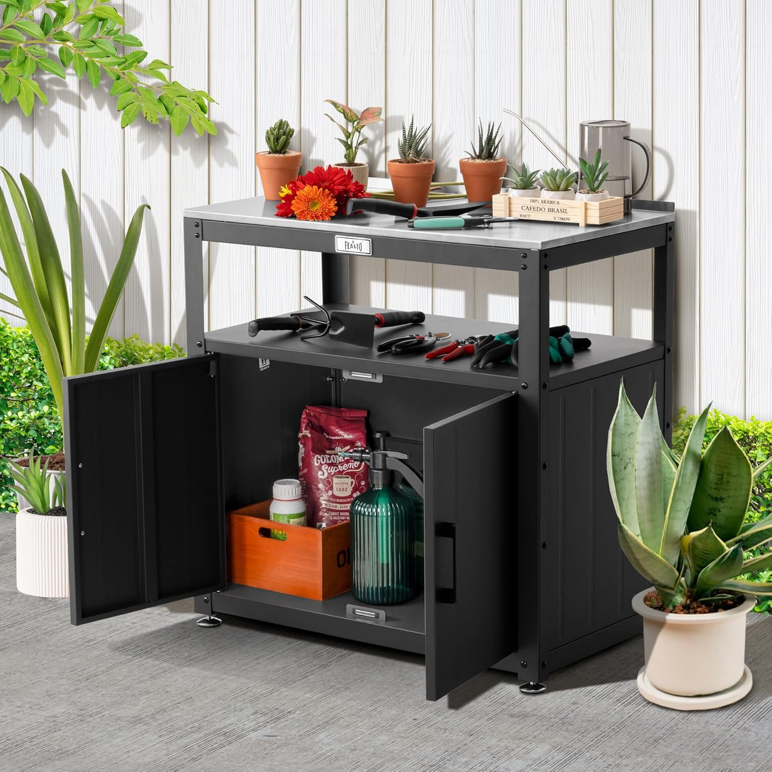 Garden Potting Bench with Storage Cabinet, Outdoor Gardening Table & Work Bench for Plants, Horticulture, Outdoor Workstation with Stainless Steel Tabletop, Outdoor Work Table