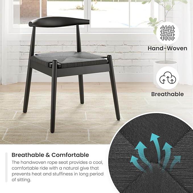 Farini Mid Century Modern Dining Chairs Set of 2, Solid Wood Frame Kitchen Chairs with Woven Upholstered Seat for Dining Room & Breakfast Nook,Black-Black