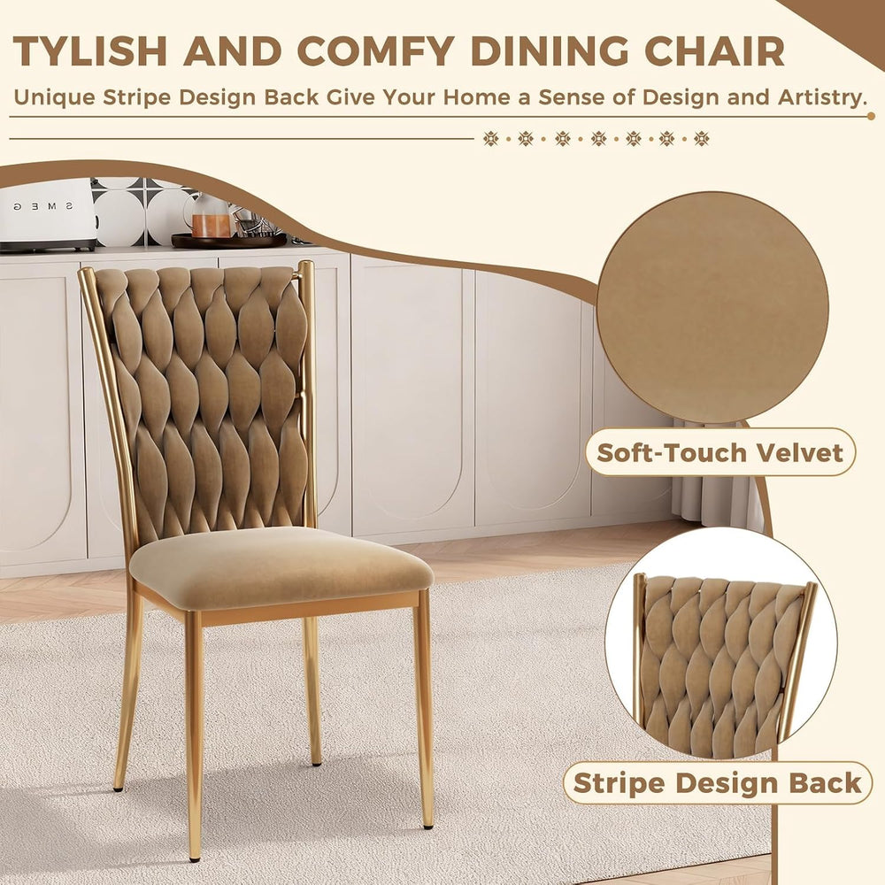 Modern Brown Velvet Dining Chairs Set of 4 with Woven High Back | Upholstered...