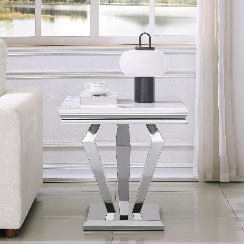 Faux Marble End Table, 23" Square White End Table with Faux Faux Marble ...
