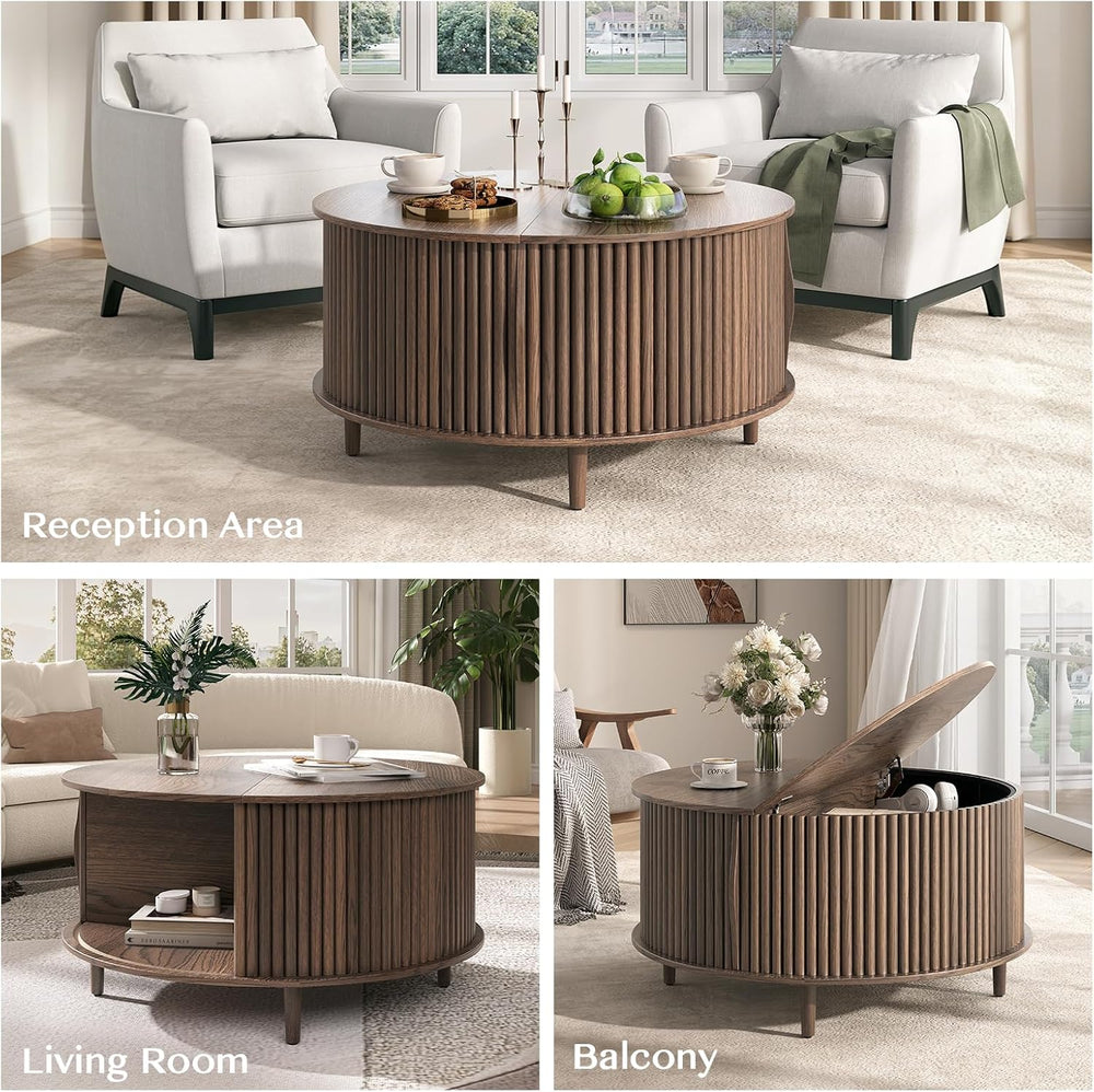 JOINICE,Round Coffee Table with Storage, 31.5" Fluted Center Table for L...