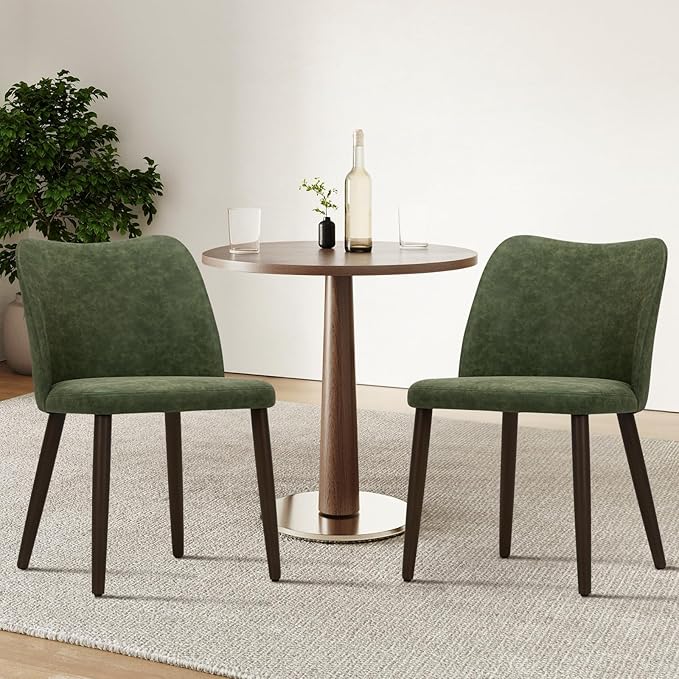 COLAMY Upholstered Dining Chairs Set of 2, Modern PU Leather Dining Room Kitchen Side Chair with Padded Seat and Wood Legs Restaurant/Cafe, Green