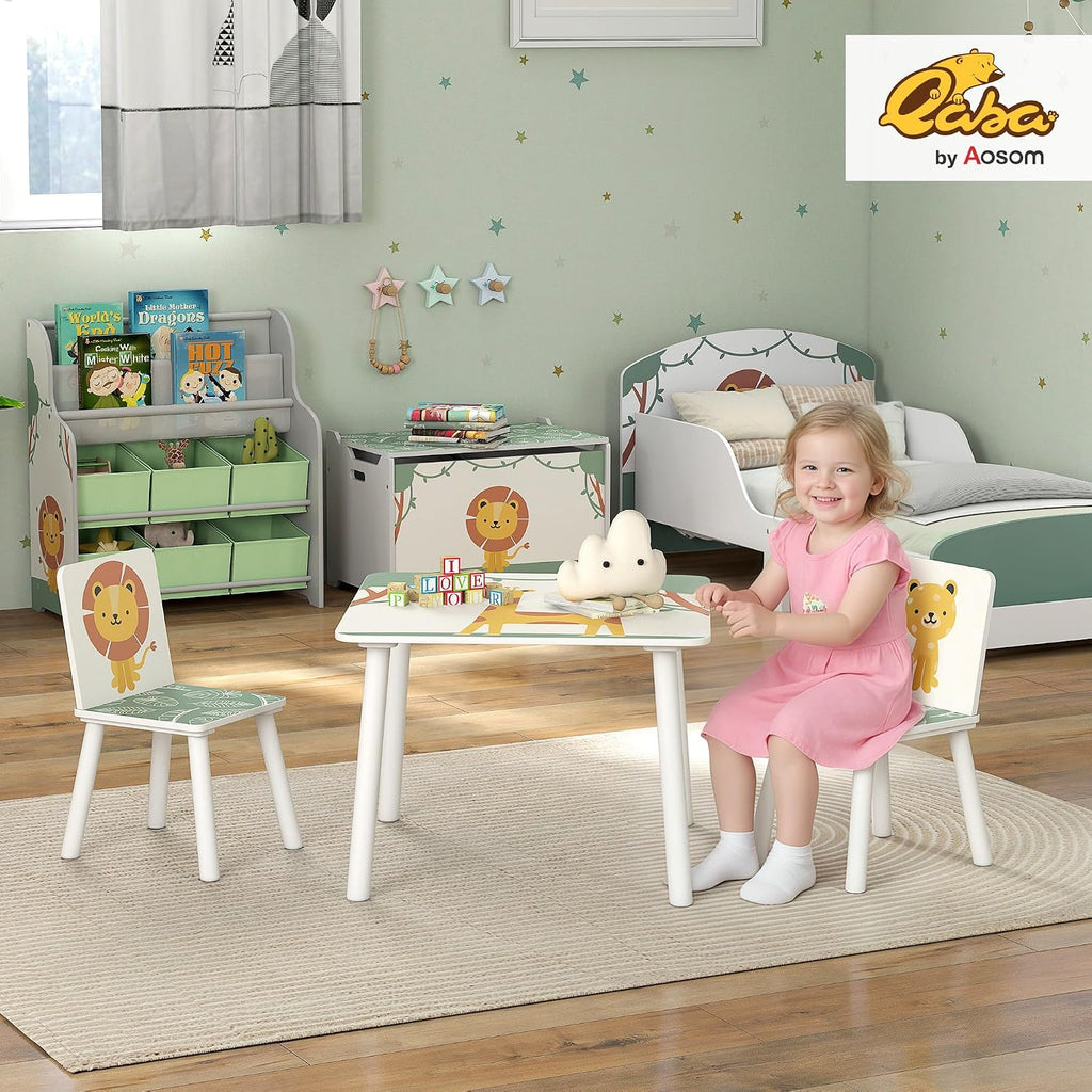 Qaba 3-Piece Toddler Table and Chair Set Animal Pattern Aged 3-8 Green | Kids Table and Chairs Set Furniture, Boys and Girls, Bedroom, Nursery, Playroom