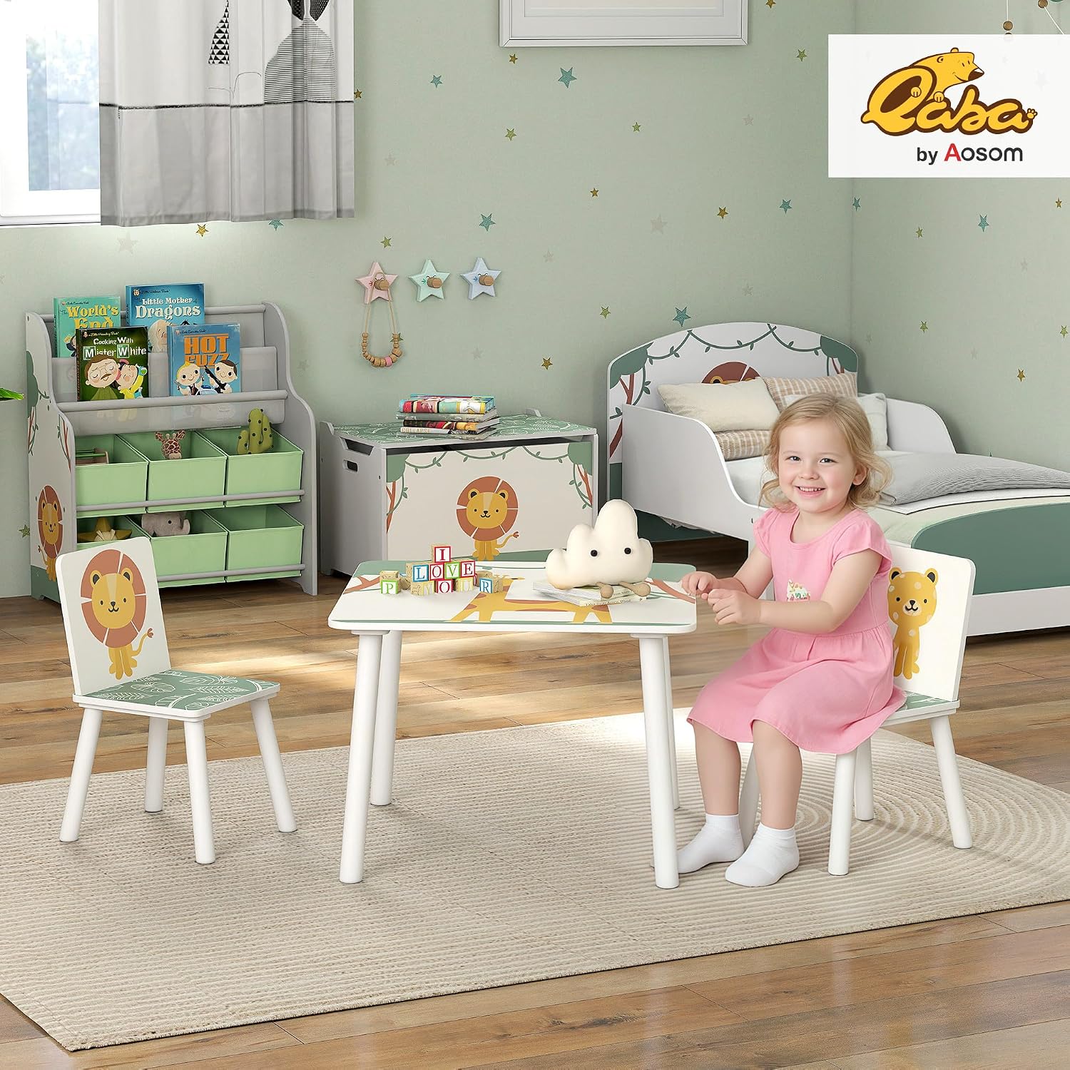 Qaba 3-Piece Toddler Table and Chair Set Animal Pattern Aged 3-8 Green | Kids Table and Chairs Set Furniture, Boys and Girls, Bedroom, Nursery, Playroom
