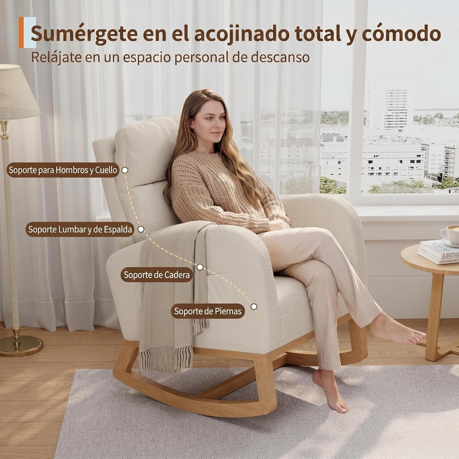 Garvee Rocking Chair, Teddy Fleece Glider Chair with Side Pockets, Nursery Chair with Pillow, Rocking Accent Armchair for Living Room Bedroom Nursing Room, White
