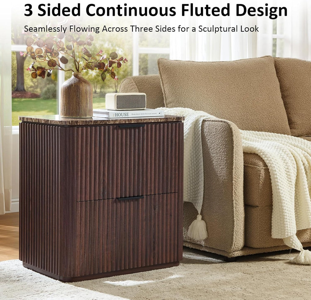 Curved Fluted Nightstand Set of 2, Faux Marble Top, Dark Oak