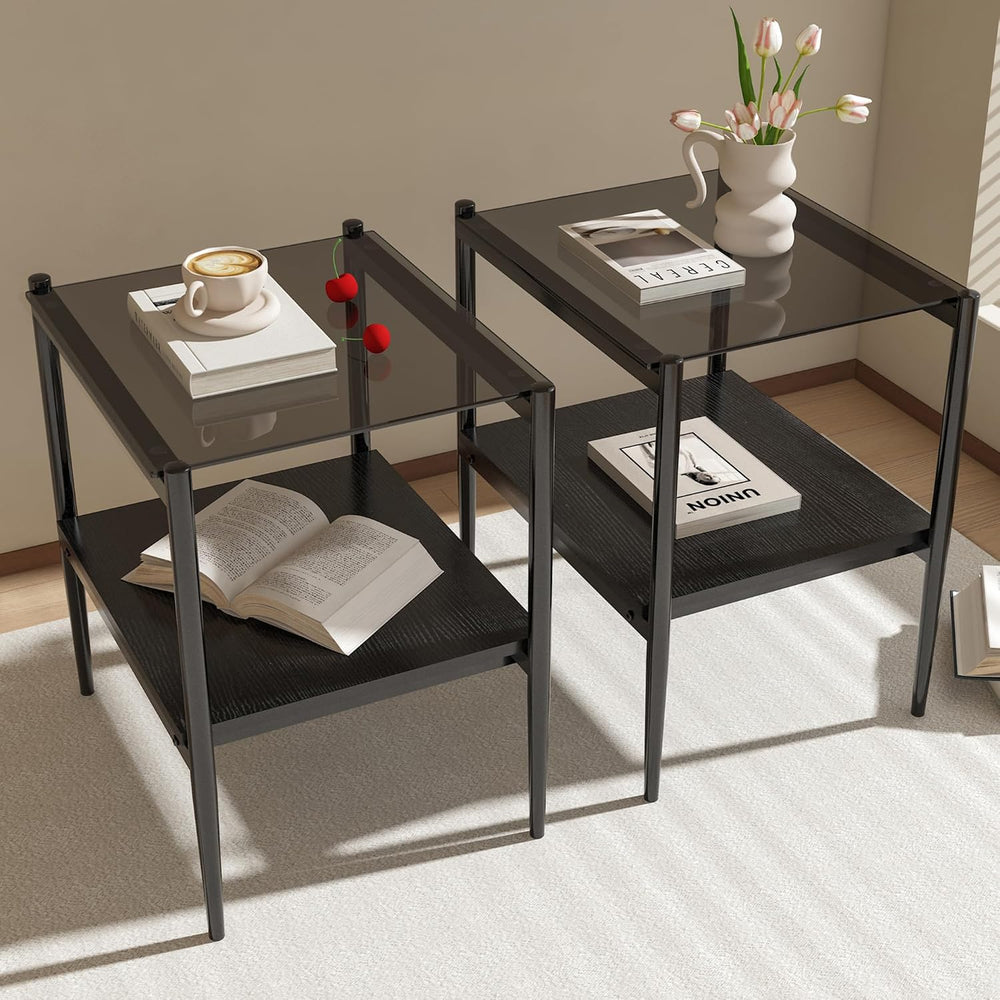 Set of 2 Rectangle Modern Glass End Table,Tempered Glass Top, Sofa Side Table...