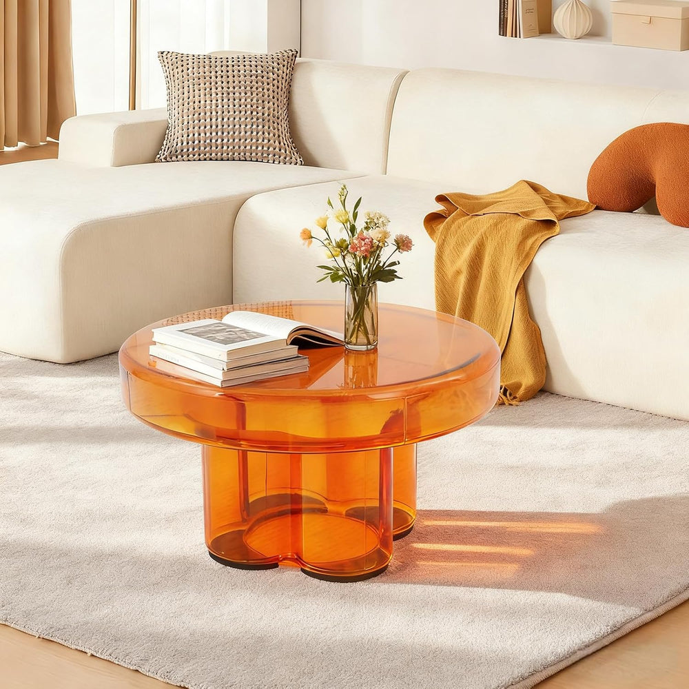 Coffee Table, Round Glass Side Table with Unique Petal Design Pedestal, Simpl...