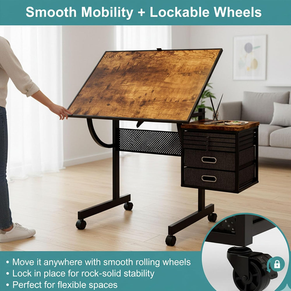Adjustable Drafting Table with 4 Trays & 2 Storage Drawers, Multifunction...