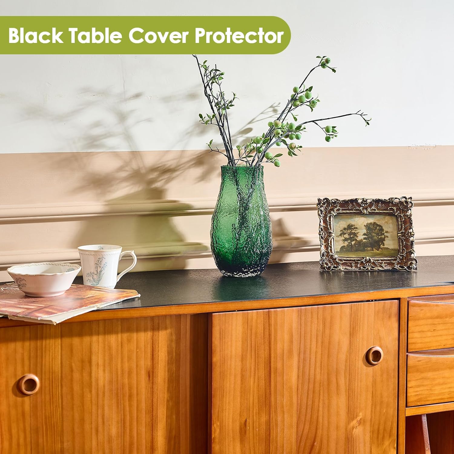 Black Table Cover Protector 24x14 Inch, 1.5mm Thick Heavy Duty PVC Table Pad, Waterproof Desk Mat & Dining Tablecloth, Cut to Fit Protector for Kitchen, Office Desk & Game Night Watch Soccer Party