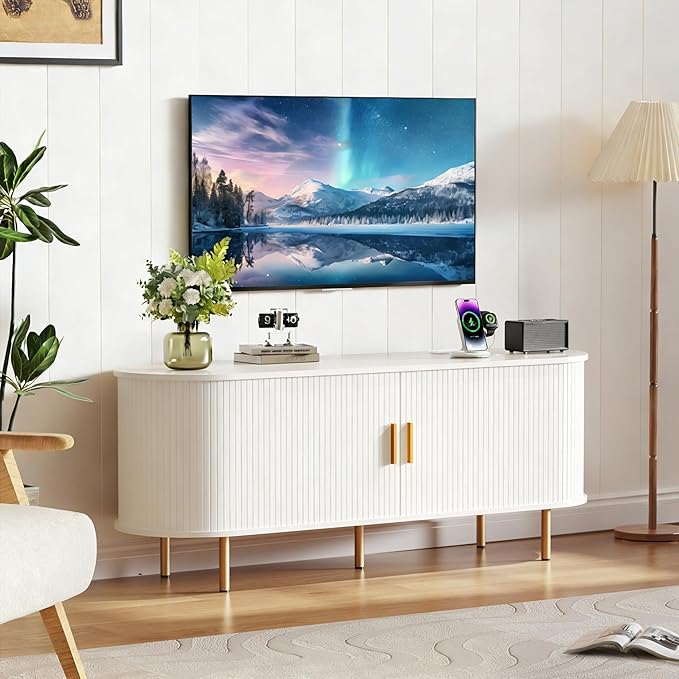 DHH 55 Inch Mid Century Modern TV Stand with Power Outlet for TVs up to 60 Inch, Entertainment Center with Storage and Adjustable Shelves, Media Console with Sliding Doors for Living Room(White)