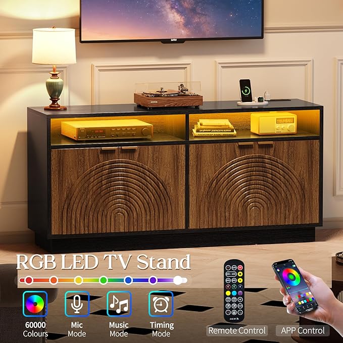 Fluted TV Stand with Power Outlet - 58" TV Stands for Living Room, Mid Century Entertainment Center with Storage Cabinets & Adjustable Shelf, LED Modern Media Console for TVs Up to 70", Black