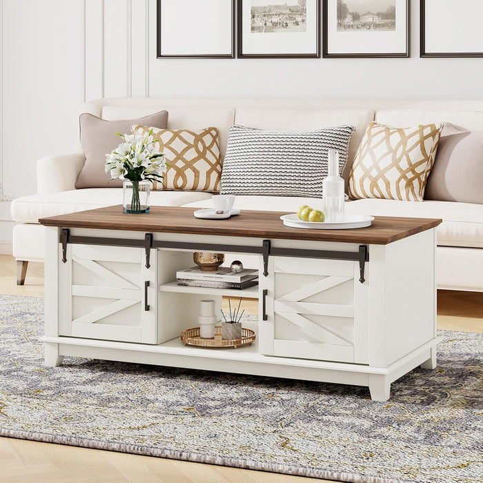 LUXOAK 48" Farmhouse Coffee Table with Sliding Barn Doors, Antique White