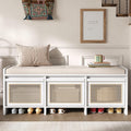 SOFTSEA 48" Shoe Storage Bench with Cushion, 2-Tier Entryway Bench with 3 Rattan Storage Drawers & Lift Top Storage, Retro Shoe Cabinet for Hallway, Bedroom, Living Room, White