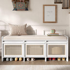 SOFTSEA 48" Shoe Storage Bench with Cushion, 2-Tier Entryway Bench with 3 Rattan Storage Drawers & Lift Top Storage, Retro Shoe Cabinet for Hallway, Bedroom, Living Room, White
